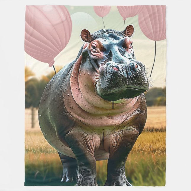 Plush Blanket With Whimsical Hippo & Pink Balloons (Front)