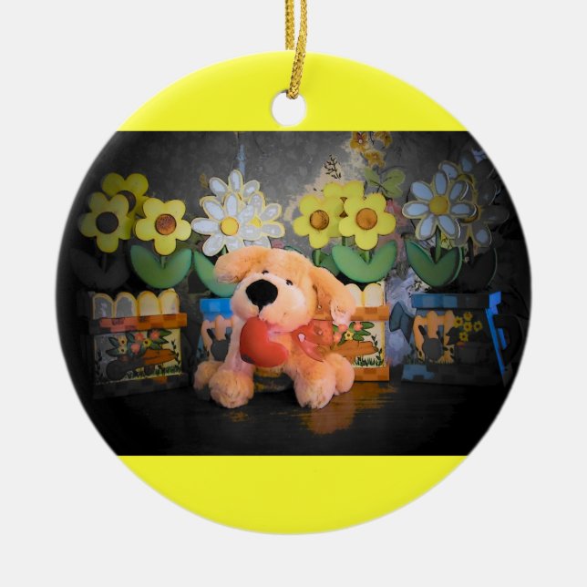 Plush Dog / cat and flowers Ceramic Tree Decoration (Front)