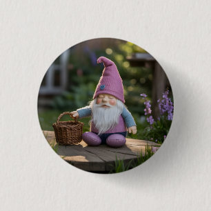 Plush Gnome Figurine with Woven Basket in Summer 3 Cm Round Badge
