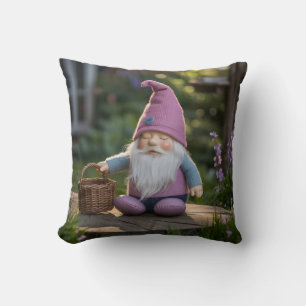 Plush Gnome Figurine with Woven Basket in Summer Cushion