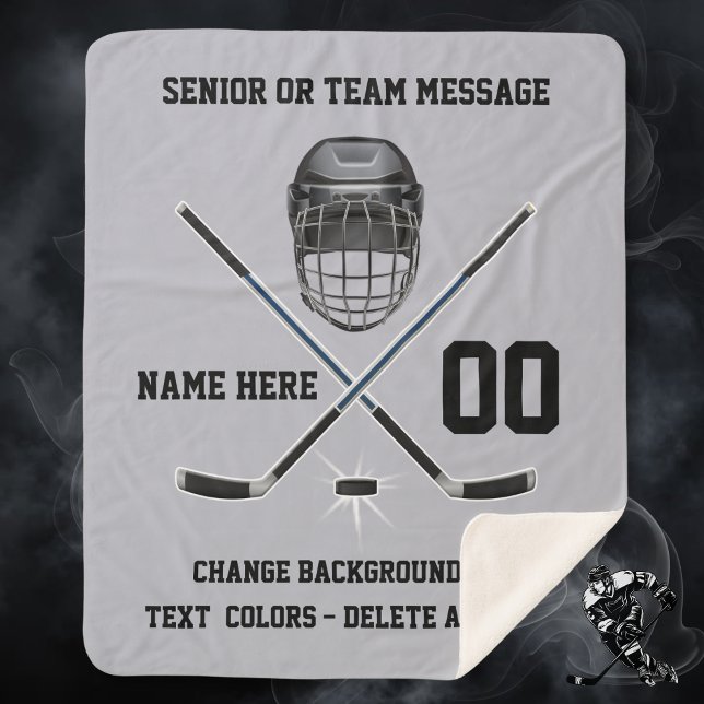 Plush Sherpa Personalized HOCKEY Blankets (Senior night hockey ideas. Gray and Black, Hockey gifts for players. Hockey Christmas gift ideas.)