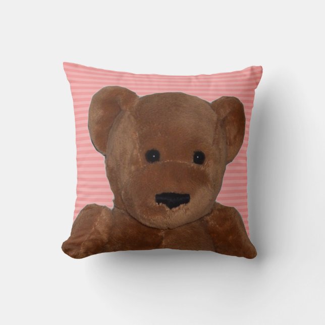 Plush Teddy Bear with Pink Striped Background Cushion (Front)