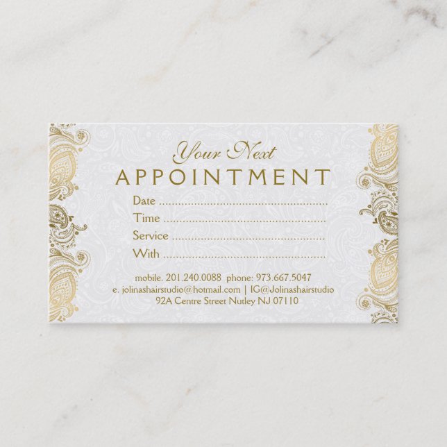 Plush White & Gold Paisley Lace Appointment Card (Front)