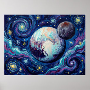 Pluto Starry Night Cosmic Landscape Poster