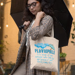 Pluviophile Rain Lover Cute Rainy Day Tote Bag<br><div class="desc">Pluviophile: a lover of rain; someone who finds joy and peace of mind during rainy days. Beautiful blue rain gift with a pretty umbrella and storm clouds over the definition. A great tote bag for a rainy day.</div>
