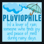 Pluviophile Rain Lover Pretty Blue Umbrella Poster<br><div class="desc">Pluviophile: a lover of rain; someone who finds joy and peace of mind during rainy days. Beautiful blue rain gift with a pretty umbrella and storm clouds over the definition.</div>