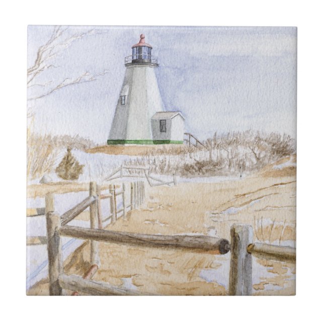 Plymought Lighthouse Watercolor Ceramic Tile (Front)