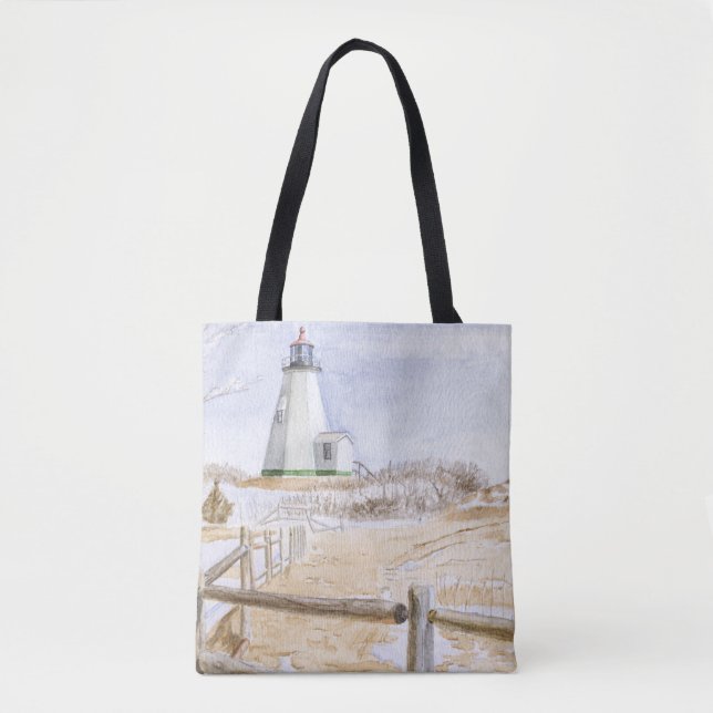 Plymought Lighthouse Watercolor Tote Bag (Front)