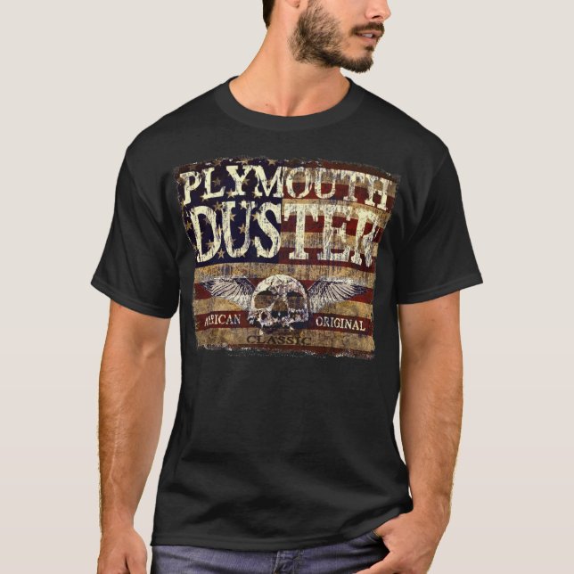 Plymouth Duster Against Eroded Flag - Skull n Wing T-Shirt (Front)