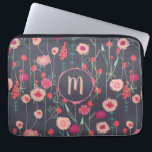 Plymouth Flowers Dark Boho Floral Custom Monogram Laptop Sleeve<br><div class="desc">Pretty boho loose pink wild flower painting on a dark grey background.
Change the monogram initial to customise.</div>