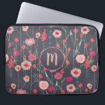 Plymouth Flowers Dark Boho Floral Custom Monogram Laptop Sleeve<br><div class="desc">Pretty boho loose pink wild flower painting on a dark grey background.
Change the monogram initial to customise.</div>