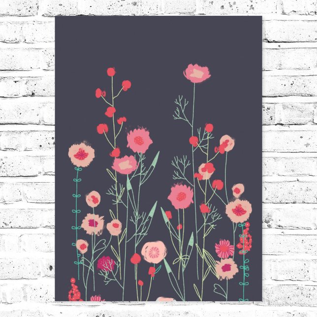 Plymouth Flowers Dark Boho Floral Poster (Floral boho pink and black wild flower art poster)