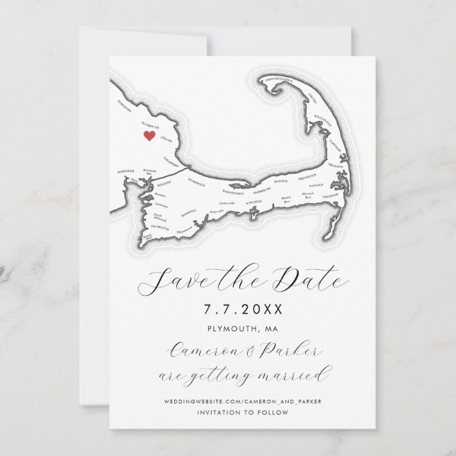 Plymouth MA Cape Cod Map Black and White Wedding Save The Date (Front)