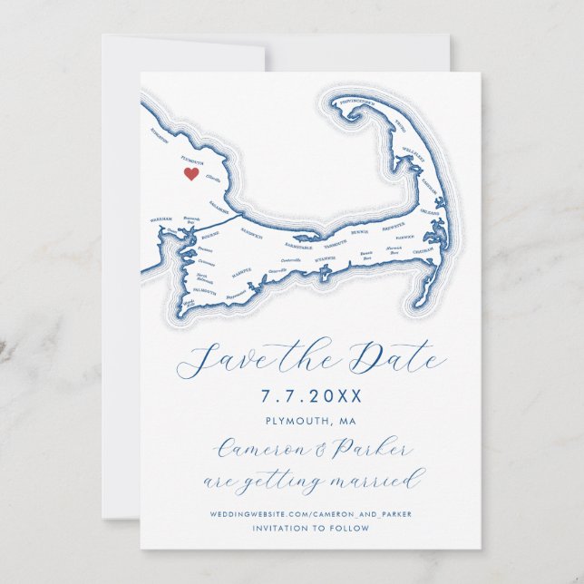 Plymouth MA Cape Cod Map Navy Blue Wedding Save The Date (Front)