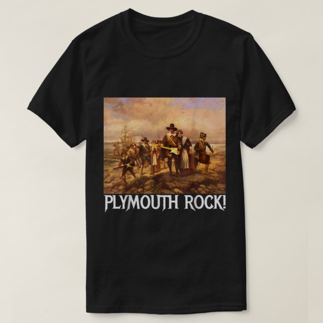 Plymouth Rock Thanksgiving Pilgrims Rocking Guitar T-Shirt (Design Front)