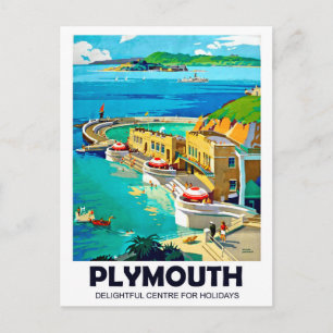 Plymouth, seaside landscape, vintage travel postcard