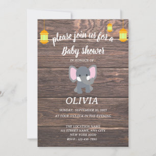 Plywood background baby elefant baby shower invitation