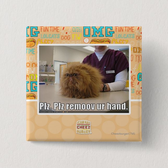 Plz remoov ur hand 15 cm square badge (Front)