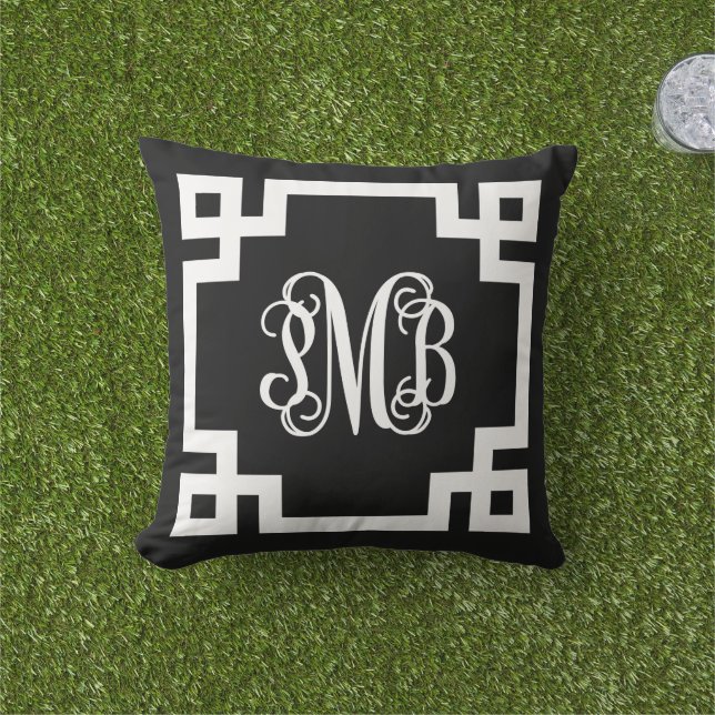 PMB Black and White Greek Key Script Monogram Cushion (Grass)