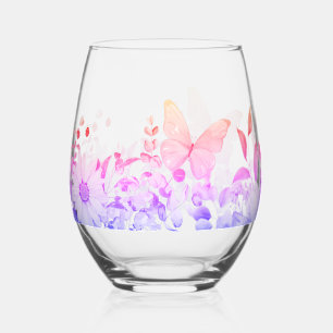 Pnk Luxury Spring Wildflower Butterfly Rose Garden Stemless Wine Glass