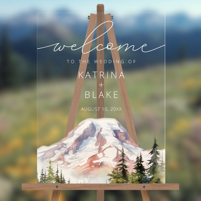 PNW Mount Rainier Wedding Welcome Acrylic Sign (Shown on an 18" x 24" acrylic sign)