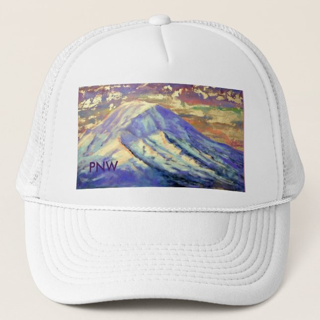 PNW White Trucker Hat- Mount Rainier Hat (Front)