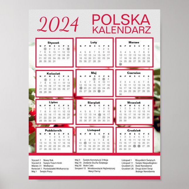  Pobierz Kalendarz  | Polska 2024 Polish Calendar  Poster (Front)