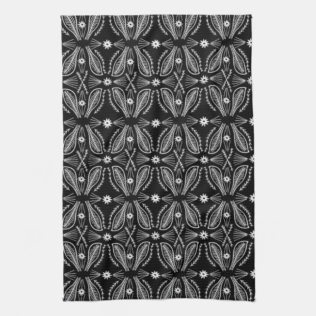 Poblanos Abstract Leaves Pattern Black Tea Towel (Vertical)