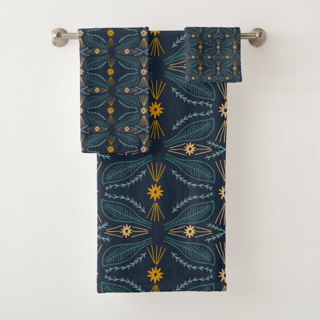Poblanos Summer Leaves Abstract Pattern Navy Bath Towel Set (Insitu)