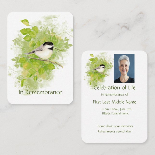 Pocket Keepsake Memorial Chickadee Nature Bird Art Business Card (Front/Back)