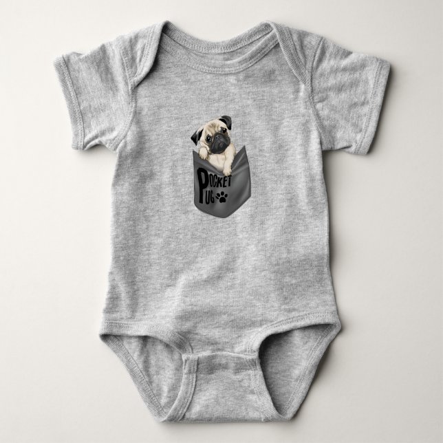 Pocket Pug Grey Baby Baby Bodysuit (Front)