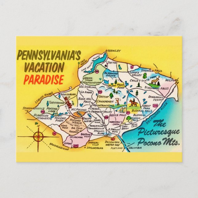  Pocono Mtns Vintage Map Postcard (Front)
