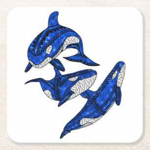 Pod Of 3 Tribal Orcas Square Paper Coaster