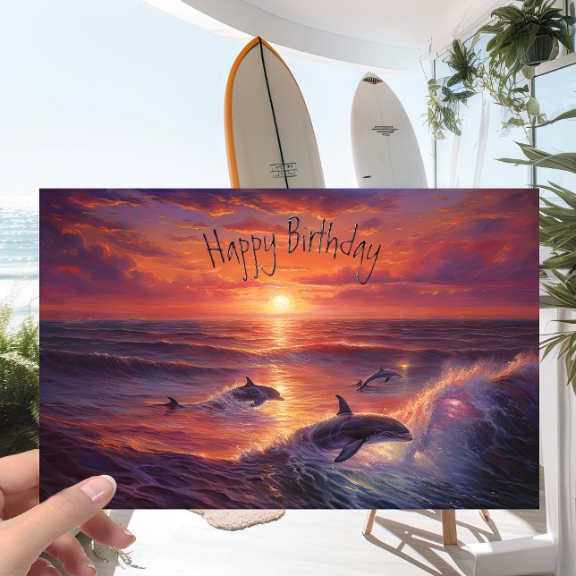 Pod of Dolphins on an Ocean Pink Sunset - Birthday Card (Creator Uploaded)