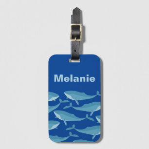 Pod of Whales Swimming Dark Blue Personalised Luggage Tag