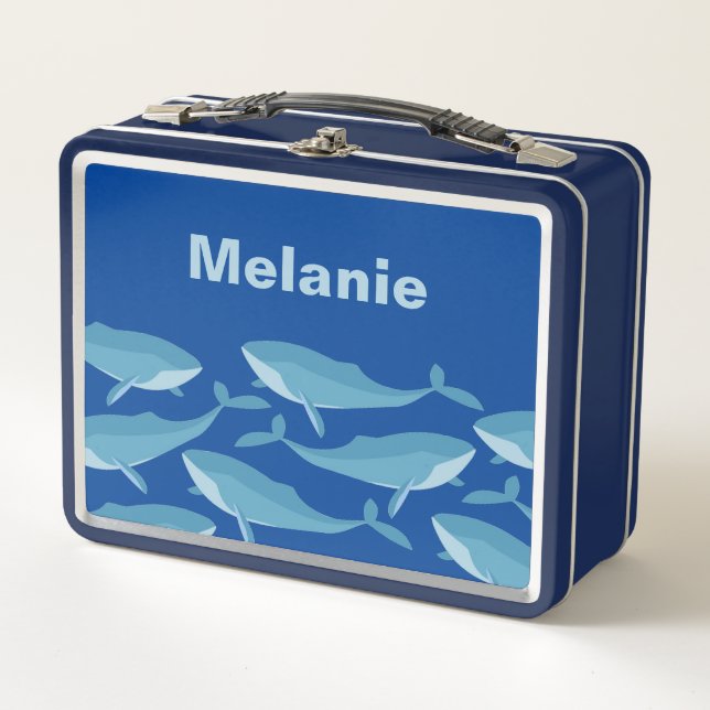 Pod of Whales Swimming Dark Blue Personalised Metal Lunch Box (Front)