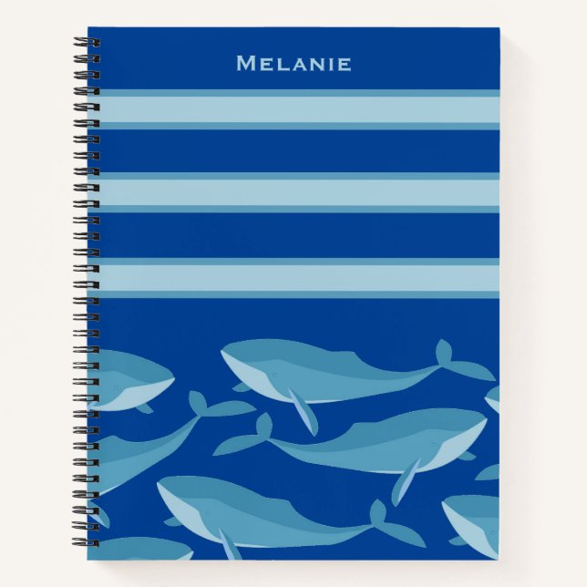Pod of Whales Swimming Dark Blue Personalised Notebook (Front)