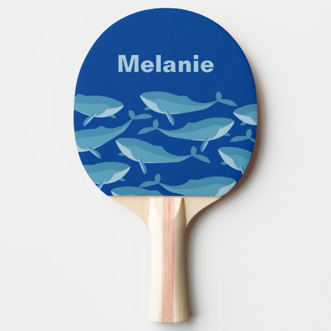 Pod of Whales Swimming Dark Blue Personalised Ping Pong Paddle (Front)