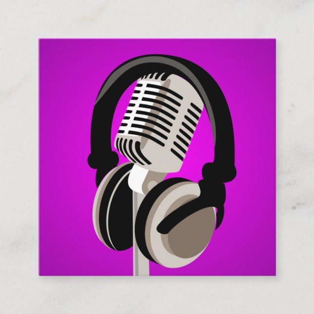Podcast Microphone Headphones Purple Square Business Card (Front)