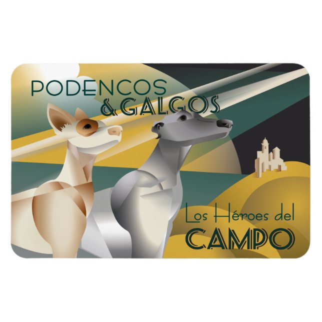 Podenco and Galgo Vintage Art Deco Style Magnet (Horizontal)