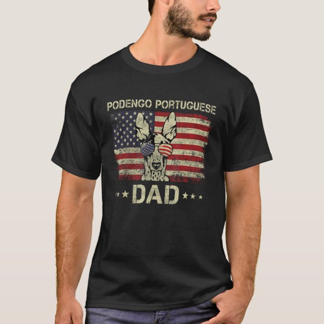 Podengo Portuguese Dad Dog  American Flag 4th Of J T-Shirt (Front)