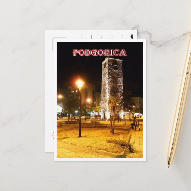 Podgorica - Montenegro - The Clock Tower at Night Postcard (Front/Back In Situ)