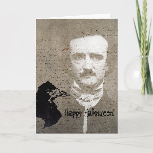 Poe And The Raven Grunge Digital Art, Halloween Card (Front)