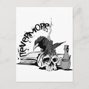 Poe Nevermore Raven Skull & Book Postcard