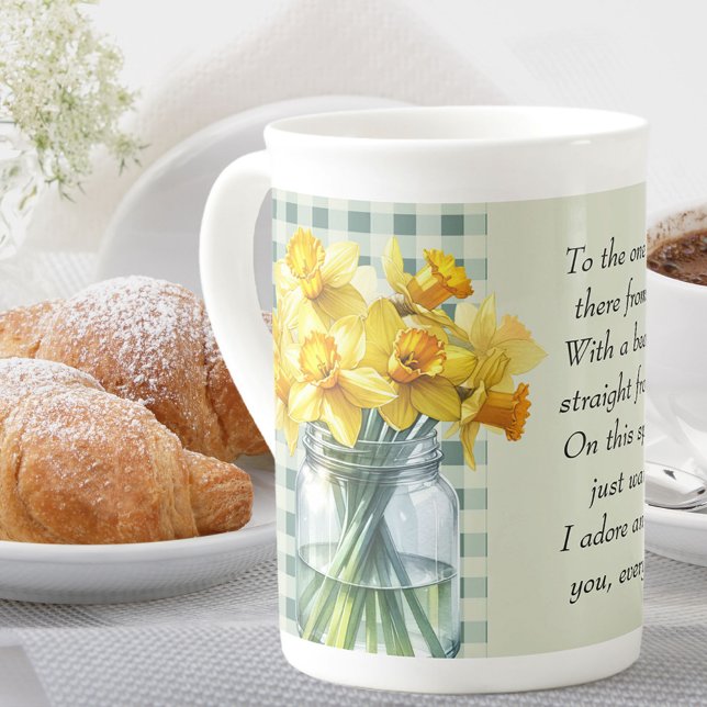 Poem for Someone Special Green Gingham Daffodils Bone China Mug (China Mug for mum in a million with daffodils and editable poem - perfect for Mother's Day)