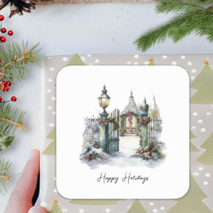 Poem Green Red Snow Scandi Winter Christmas Wreath Square Sticker