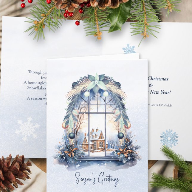 Poem Nordic Blue Ornament Foliage Christmas Window Holiday Card (Creator Uploaded)