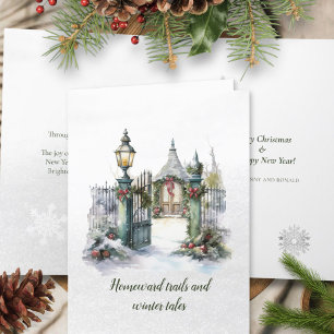 Poem Nordic Winter Green Red Snow Christmas Wreath Holiday Card