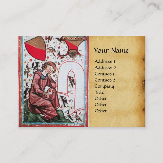 POET IN THE GARDEN OF BIRDS Mediaeval Parchment Business Card (Front)