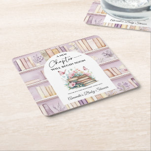 Poetcore New Chapter Pink Girl Book Baby Shower Square Paper Coaster